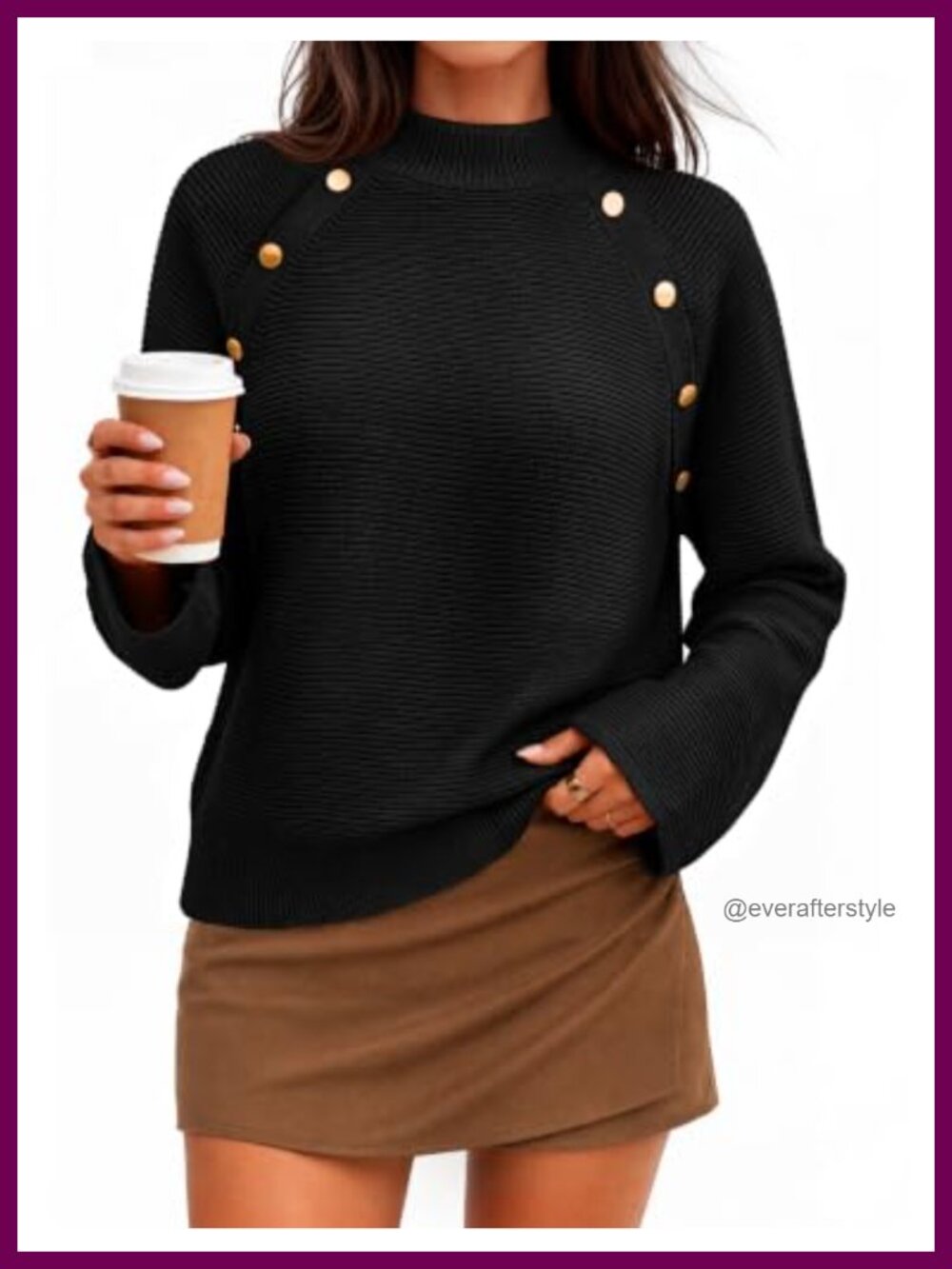 Mock Neck Ribbed Knit Pullover Sweater Gold Button Detail